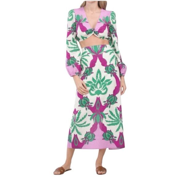 New Caroline Constas multicolor palm tropical Linen Pink Green Midi Skirt Medium - Picture 10 of 13